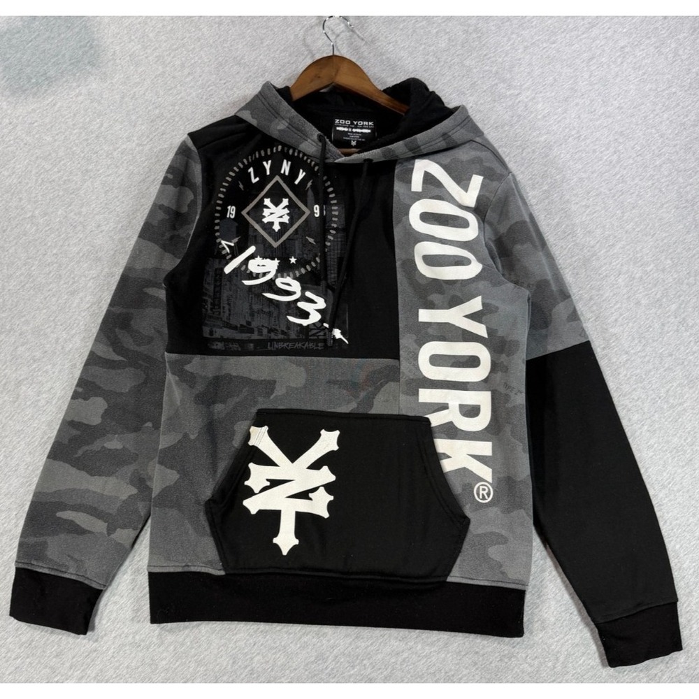 Zoo York Hoodie Men Medium Black Gray Camouflage Graphic Print Logo Ribbed Trim